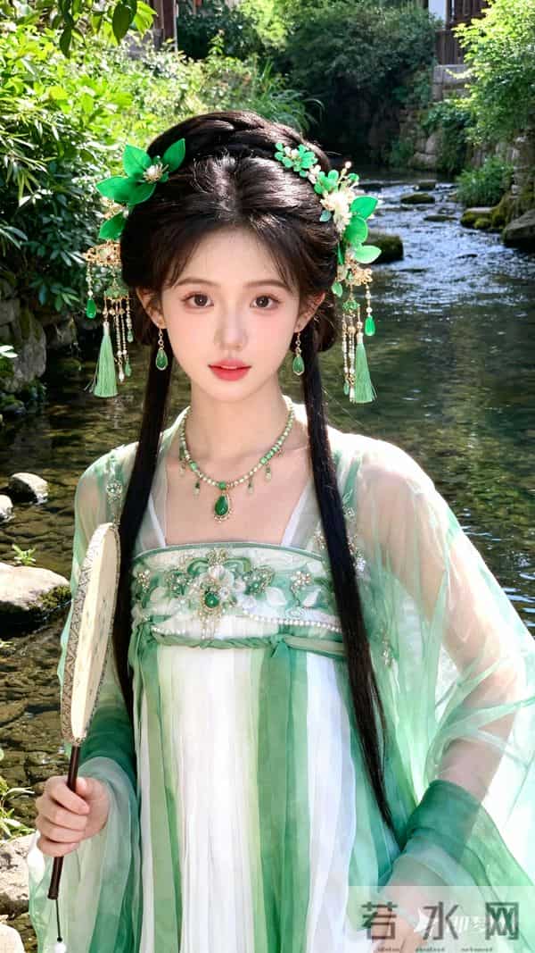 一位身着绿白渐变古风汉服的女子，服饰风格清新雅致 面料轻薄通透