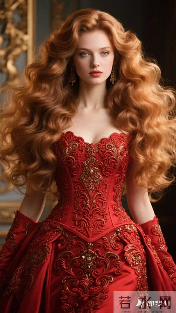 超大，金棕色卷长发，重工红色礼服，，洛可可卷纹浮雕