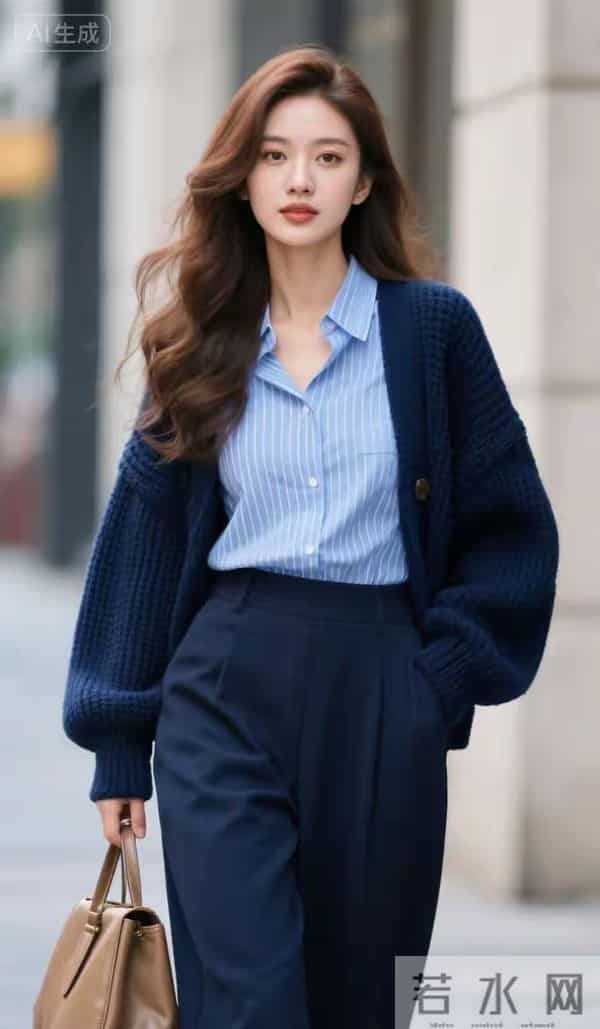 深蓝色毛衣的美女