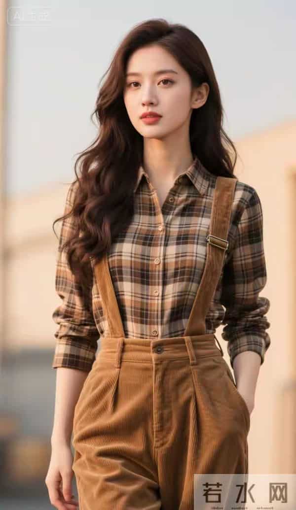 格衬衫与背带裤的美女