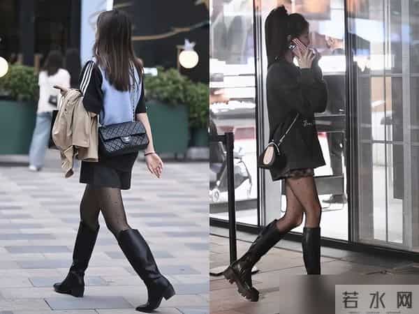 北京三里屯今冬火了一种穿法，叫“靴子裹丝袜”，洋气显腿细！