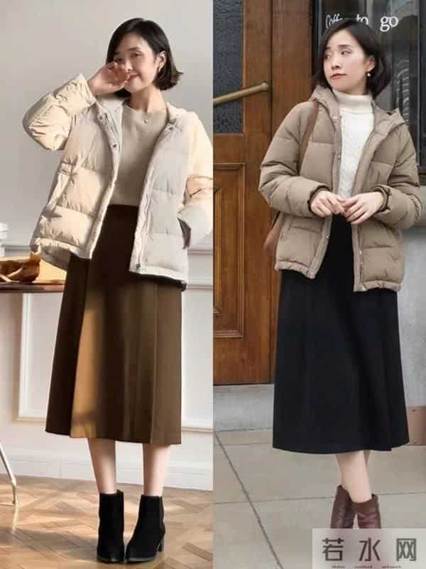 今冬火了一种穿法，“上半身羽绒服，下半身膝下裙”，时尚又暖和