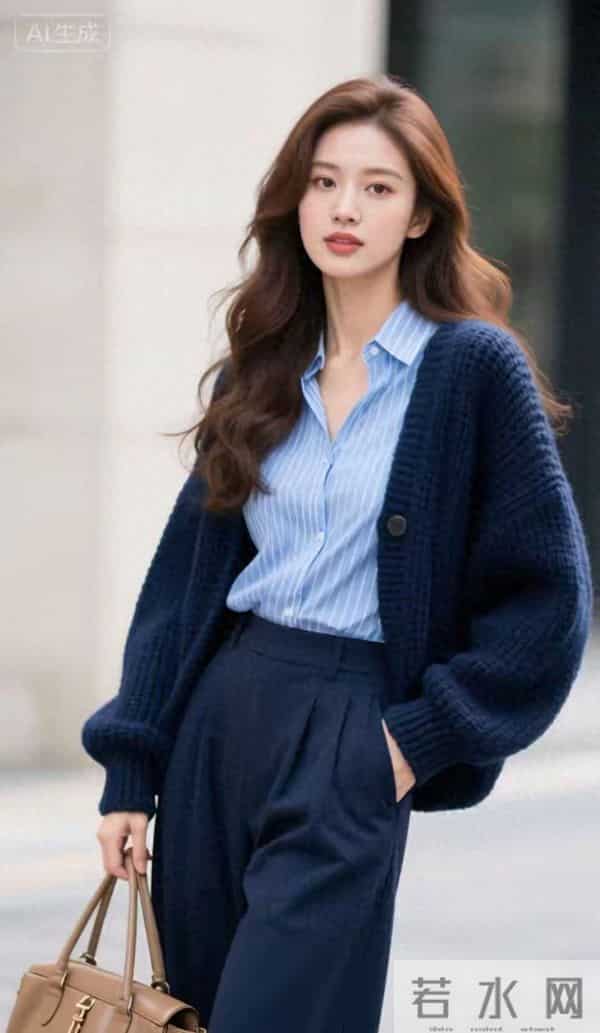 深蓝色毛衣的美女