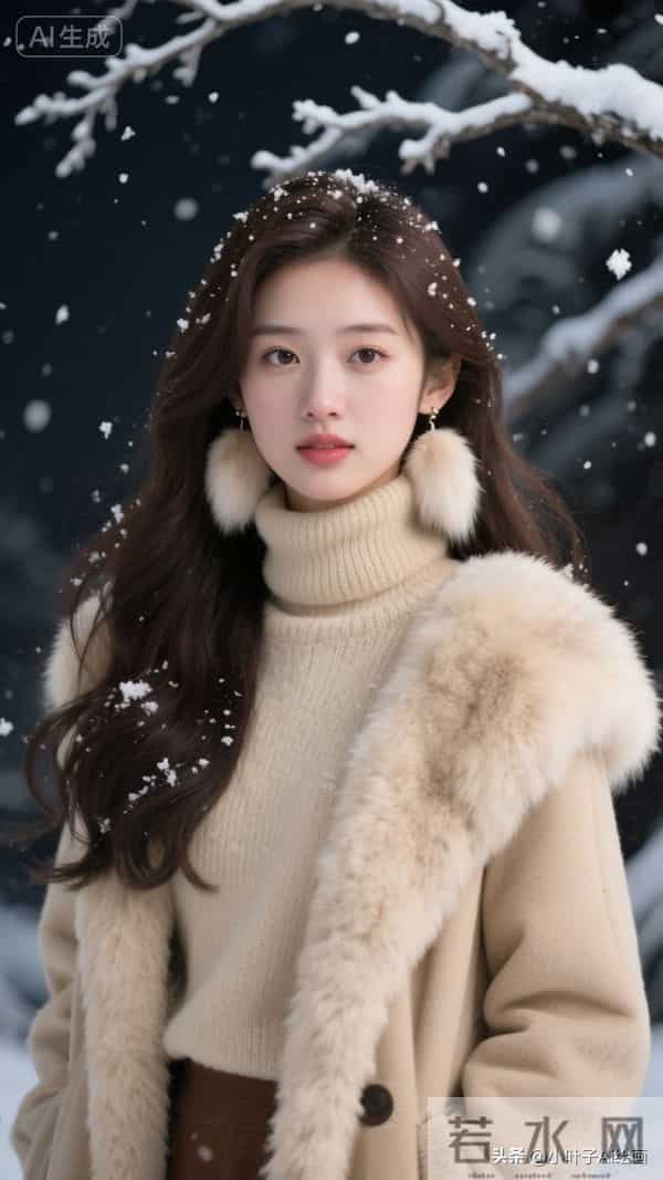 米白毛绒大衣裹高领针织，配流苏耳饰，是冬夜的温柔暖意。