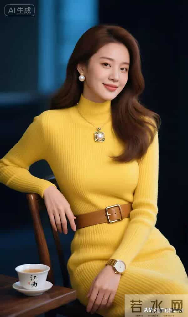 绝色佳人，一袭黄色针织毛衣连衣裙，优雅端庄，娇艳妩媚！