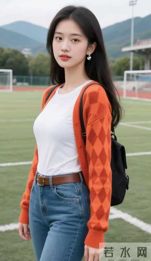 橙色格子毛衣与牛仔裤