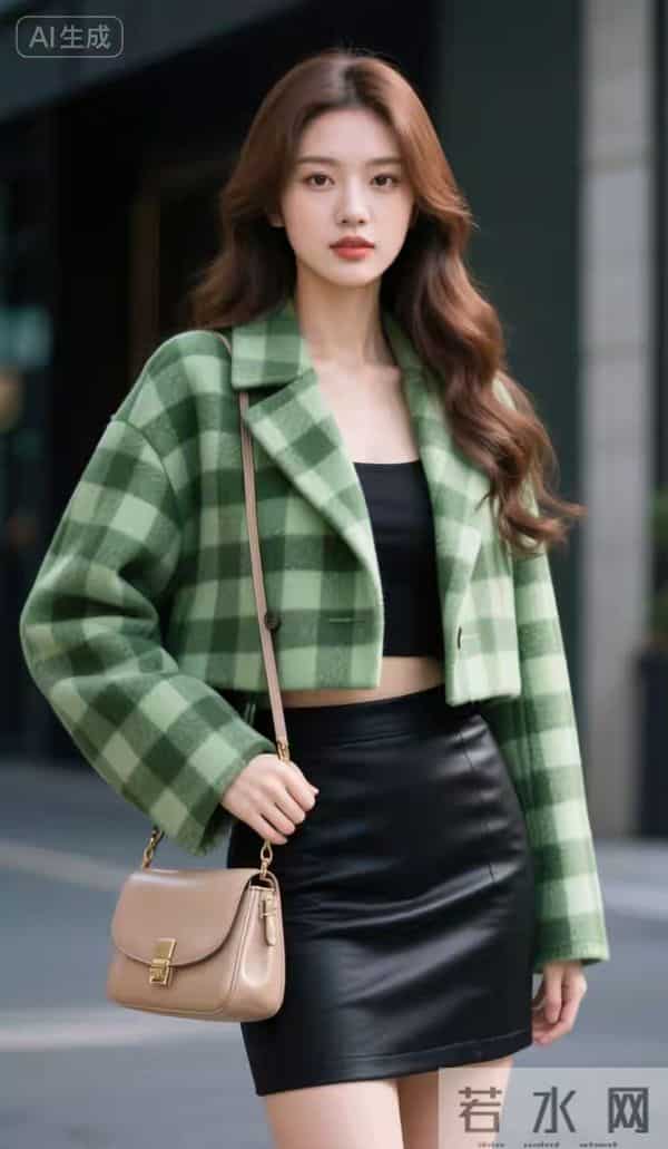 绿格子短襟上衣的美女