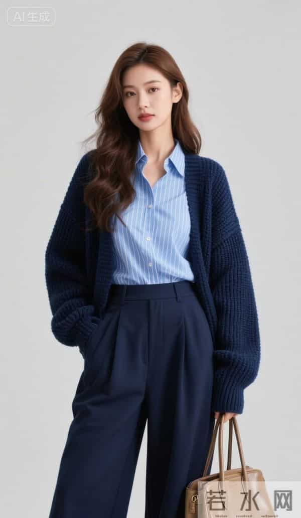 穿深蓝色毛衣的美女