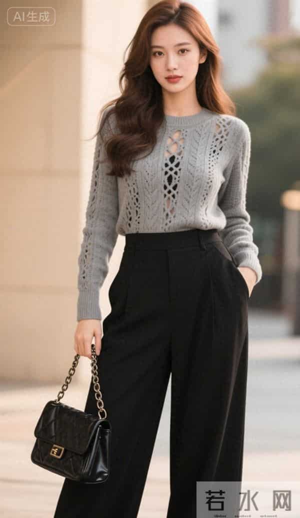 穿灰色镂空毛衣的美女