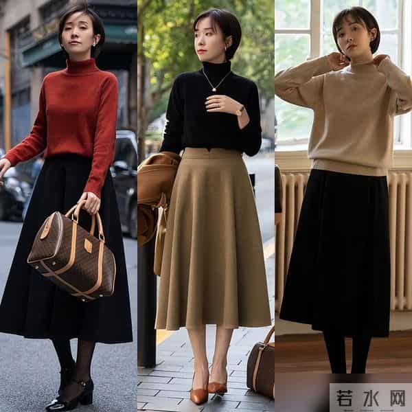 “毛衣+膝下裙”才是冬天正确的打开方式，实用好穿，适合小个子