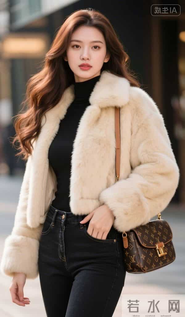 穿白色毛皮夹克的美女