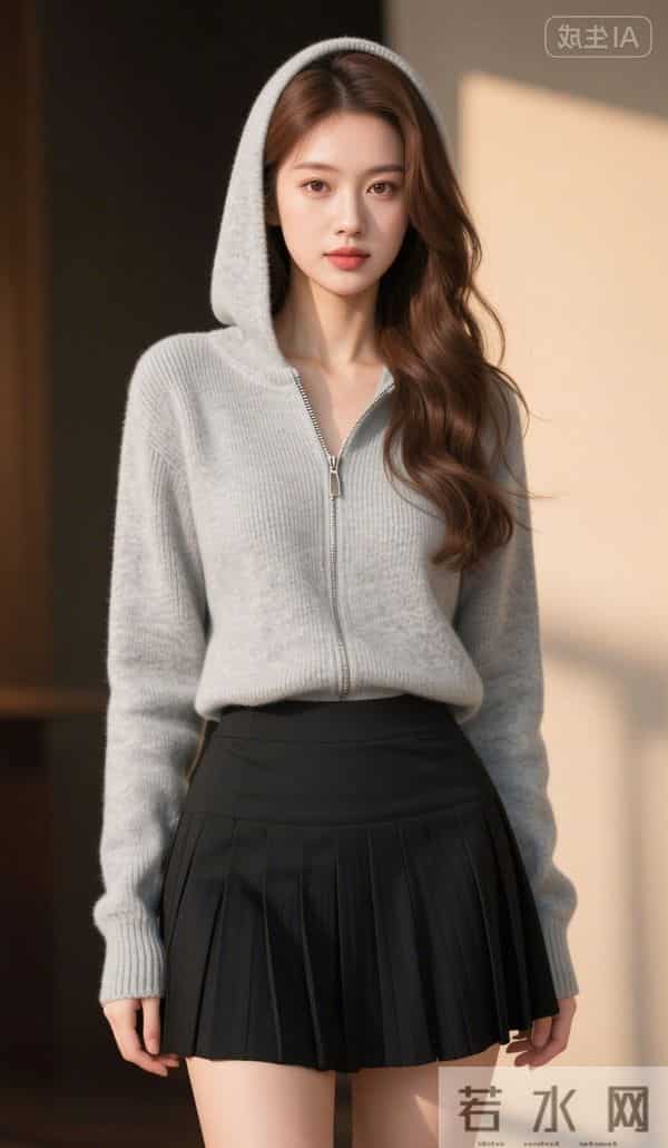灰色兜帽衫与黑色短裙