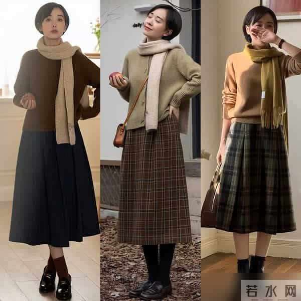 “毛衣+膝下裙”才是冬天正确的打开方式，实用好穿，适合小个子