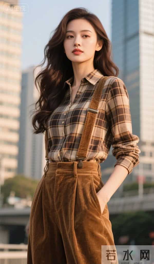 穿格衬衫与背带裤的美女