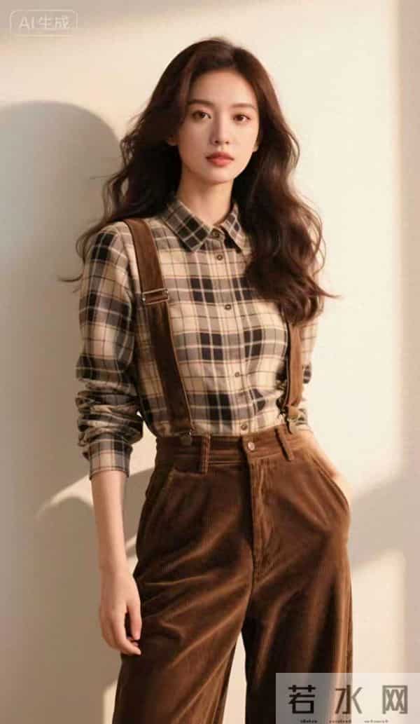 格衬衫与背带裤的美女