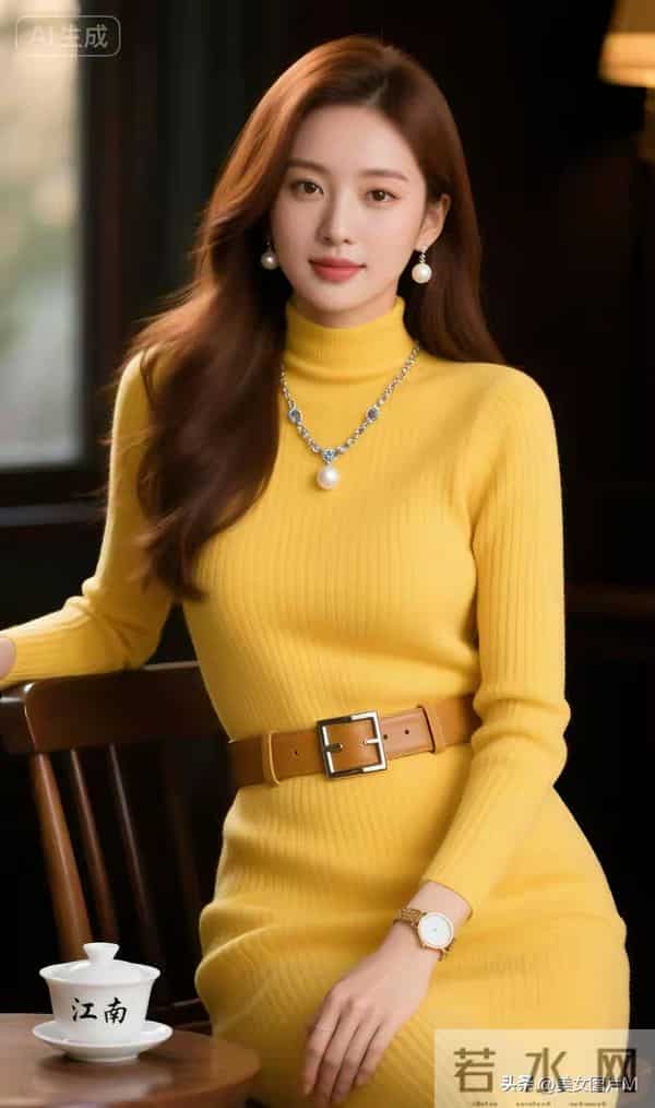 绝色佳人，一袭黄色针织毛衣连衣裙，优雅端庄，娇艳妩媚！
