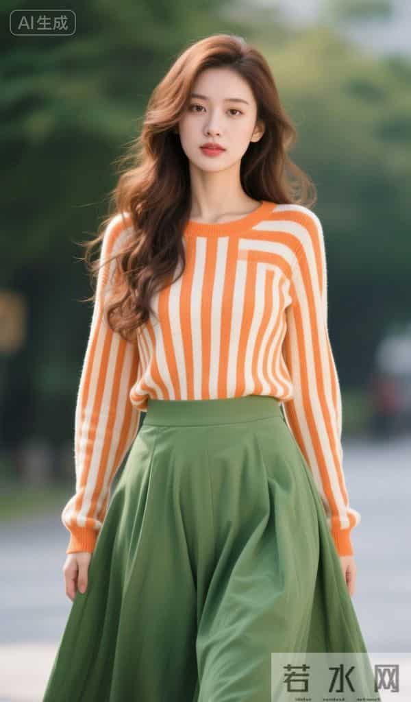 红白条纹衫与绿裙子