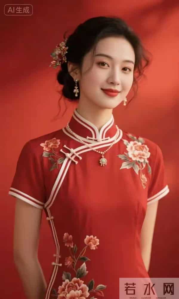 刺绣牡丹红色旗袍美女 国泰民安的脸庞自信微笑 落落大方玉美人