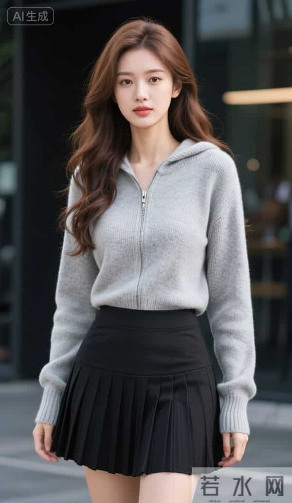 灰色兜帽衫与黑色短裙