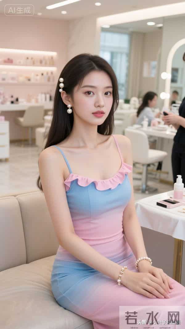 粉蓝渐变吊带裙，荷叶边配珍珠饰，柔甜撞色，是室内的优雅柔美感