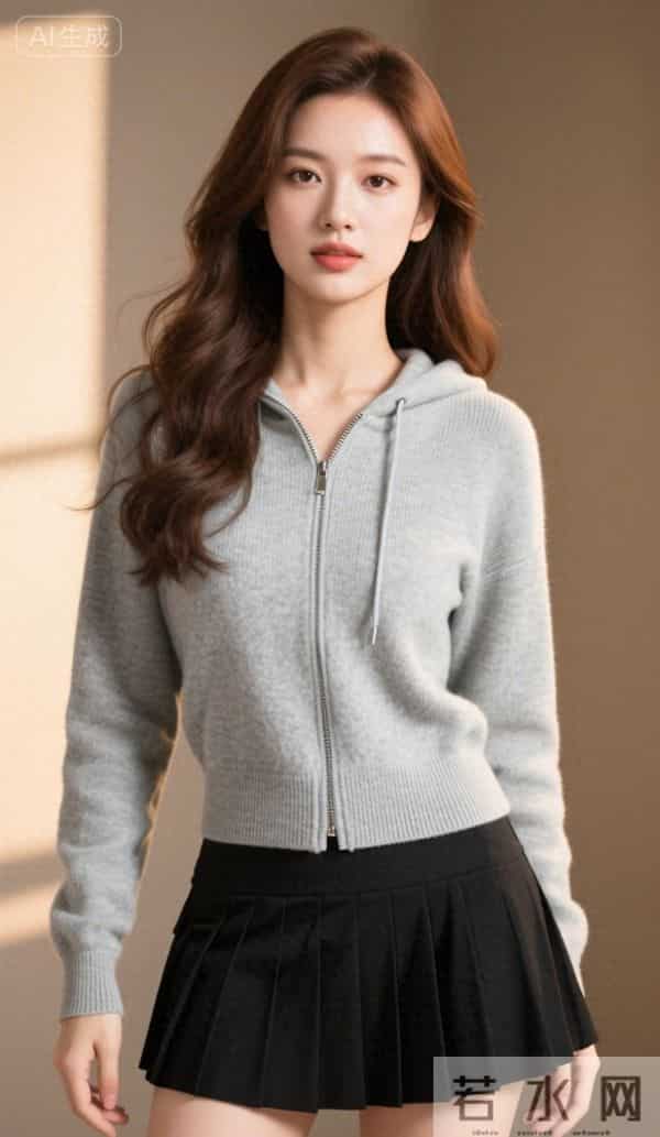 灰色兜帽衫与黑色短裙
