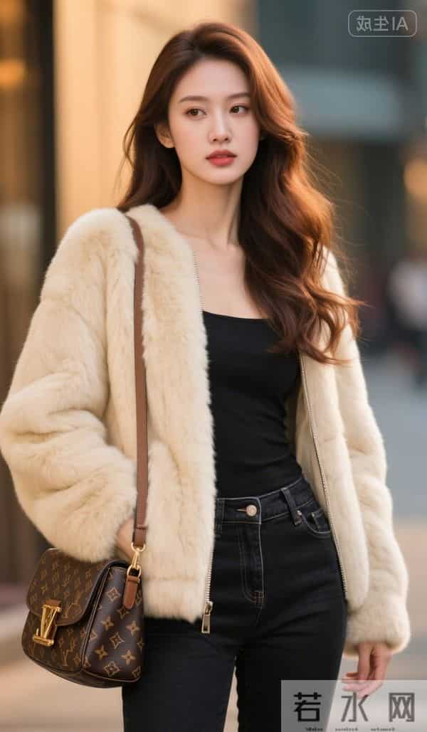 穿白色毛皮夹克的美女