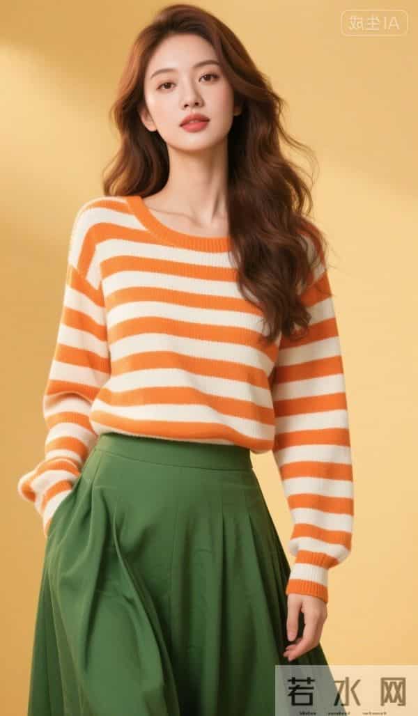 红白条纹衫与绿裙子
