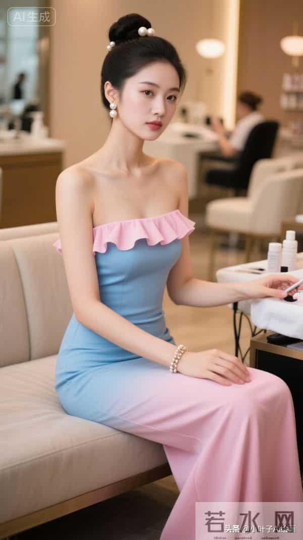 粉蓝渐变吊带裙，荷叶边配珍珠饰，柔甜撞色，是室内的优雅柔美感