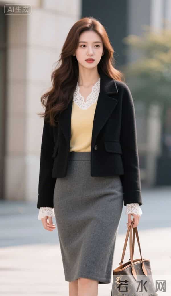 黑色夹克衫与灰色短裙