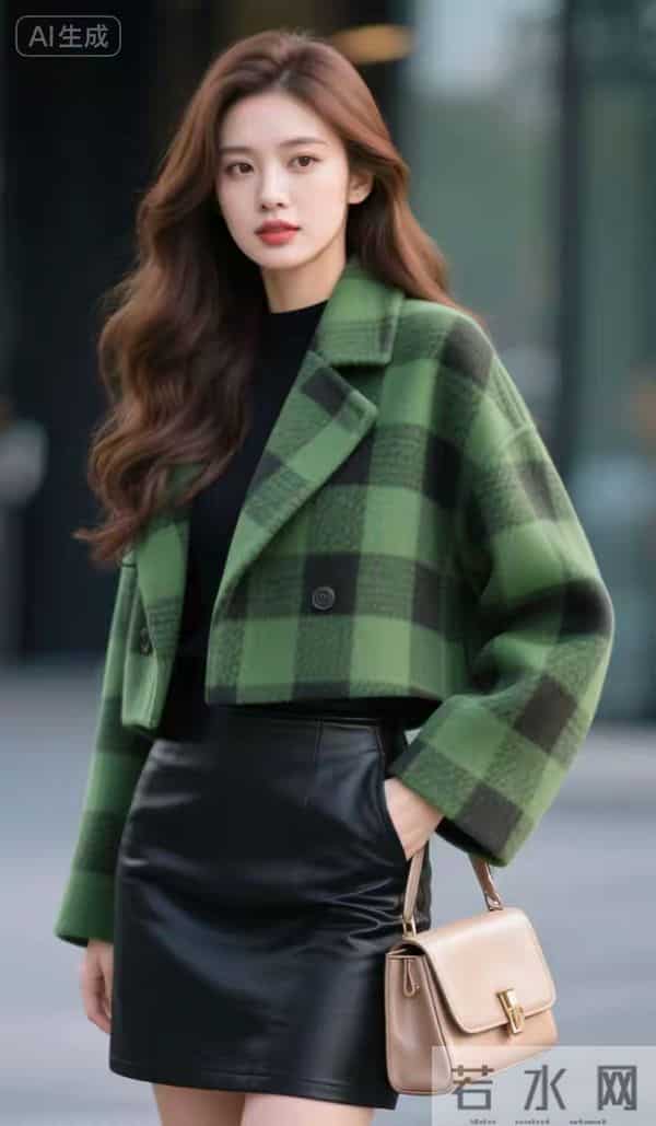 绿格子短襟上衣的美女