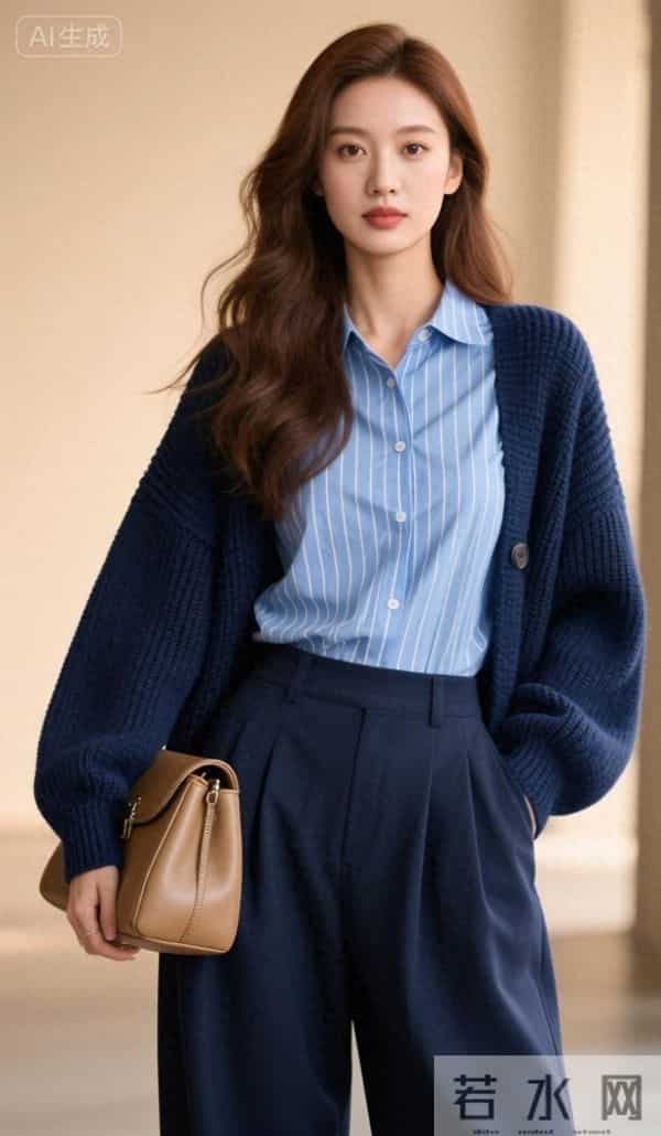 穿深蓝色毛衣的美女