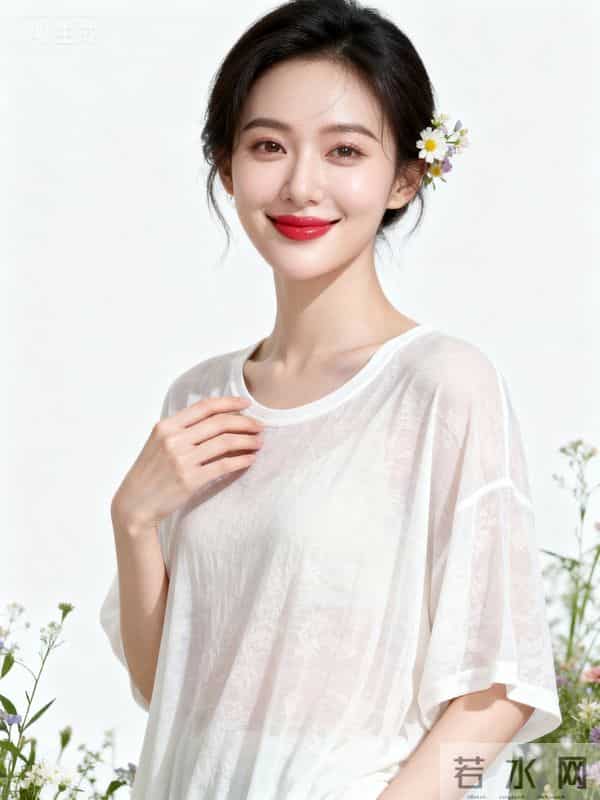 穿宽松圆领衫的美女