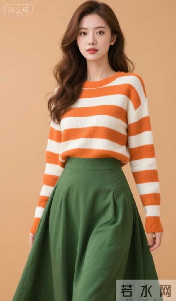 红白条纹衫与绿裙子