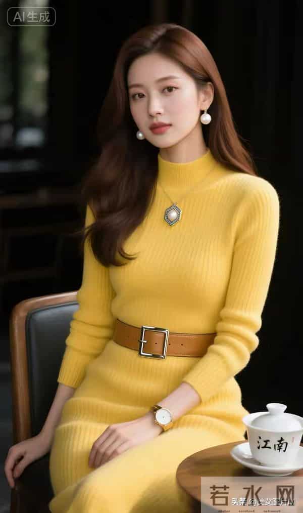 绝色佳人，一袭黄色针织毛衣连衣裙，优雅端庄，娇艳妩媚！