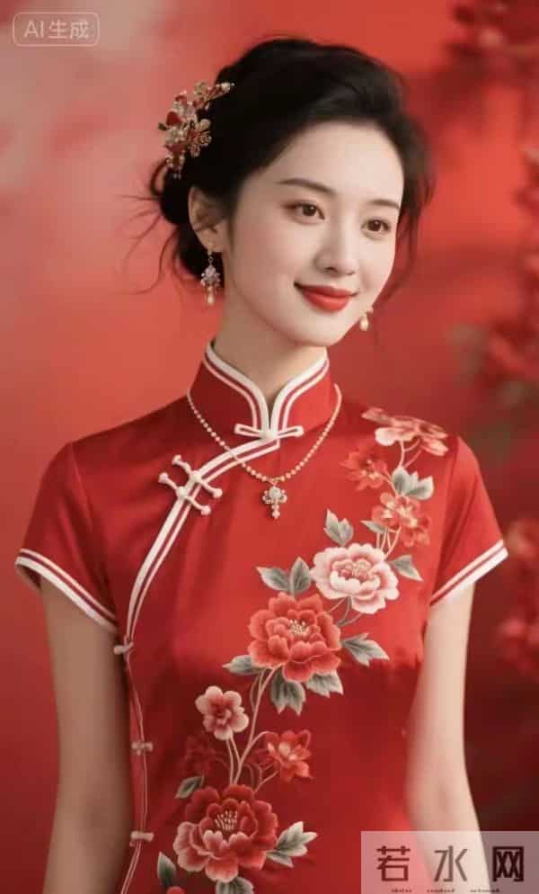 刺绣牡丹红色旗袍美女 国泰民安的脸庞自信微笑 落落大方玉美人