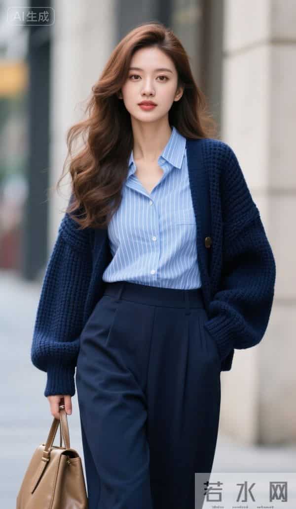 穿深蓝色毛衣的美女