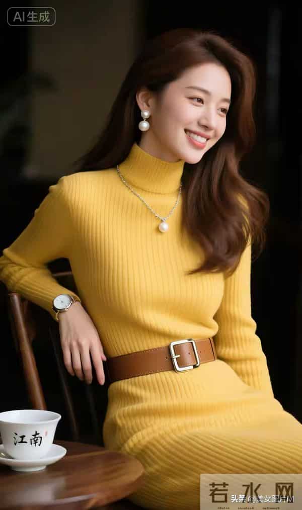 绝色佳人，一袭黄色针织毛衣连衣裙，优雅端庄，娇艳妩媚！