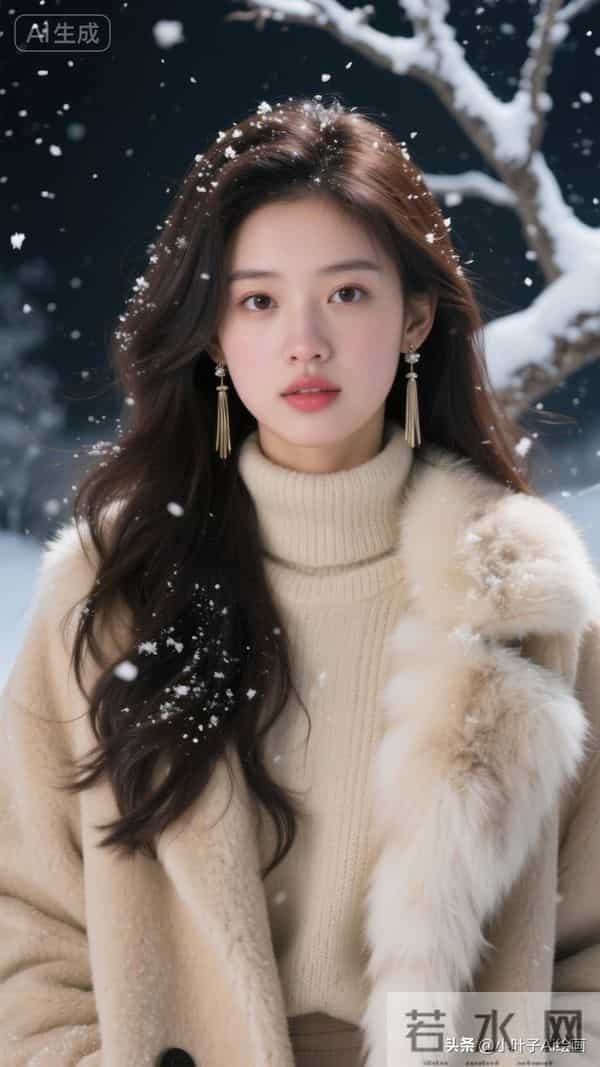 米白毛绒大衣裹高领针织，配流苏耳饰，是冬夜的温柔暖意。