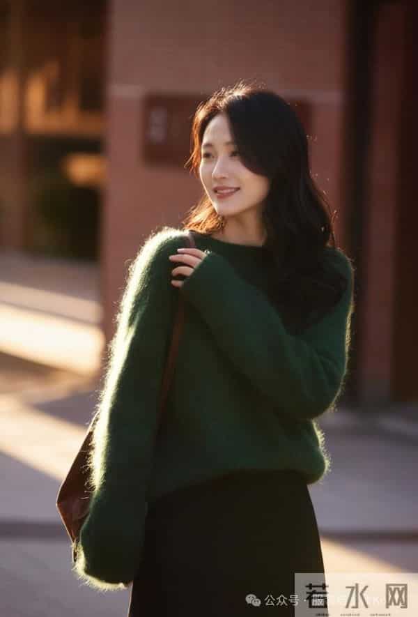 “碧玺绿毛衣+半裙”，太美太温柔了！
