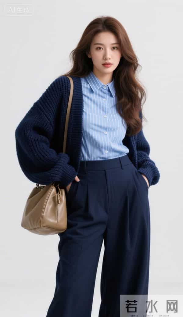 穿深蓝色毛衣的美女