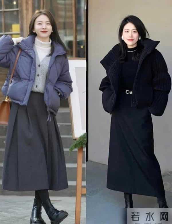 今冬火了一种穿法，“上半身羽绒服，下半身膝下裙”，时尚又暖和