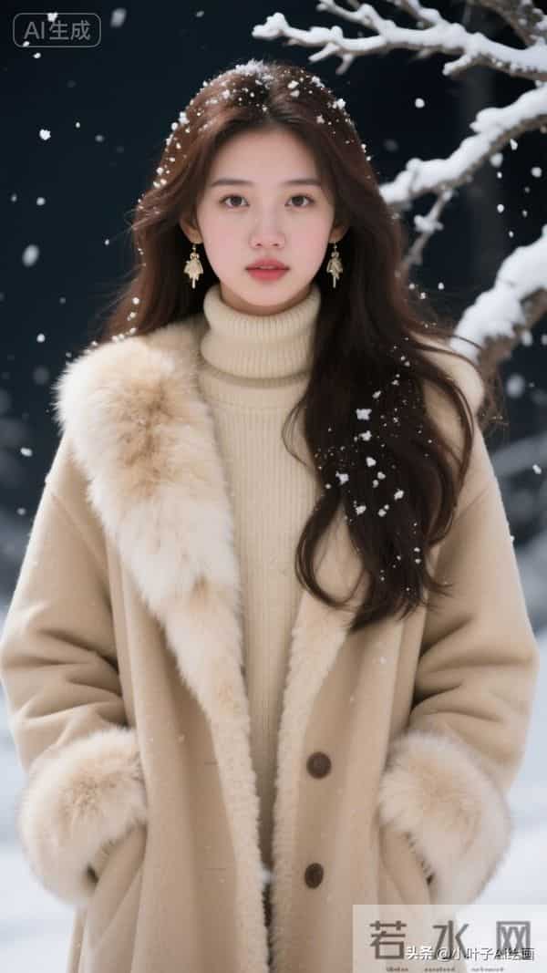 米白毛绒大衣裹高领针织，配流苏耳饰，是冬夜的温柔暖意。