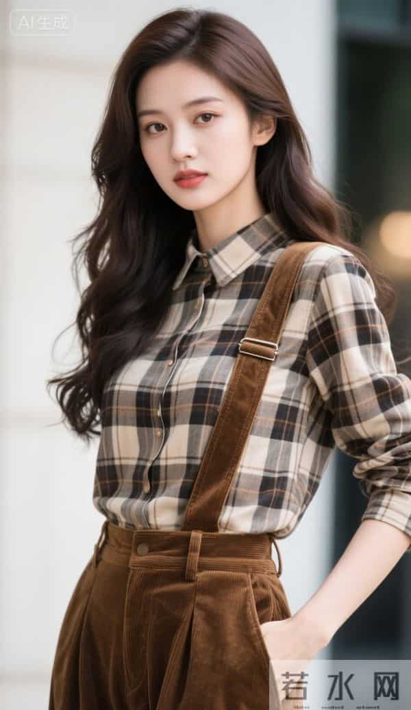 穿格衬衫与背带裤的美女