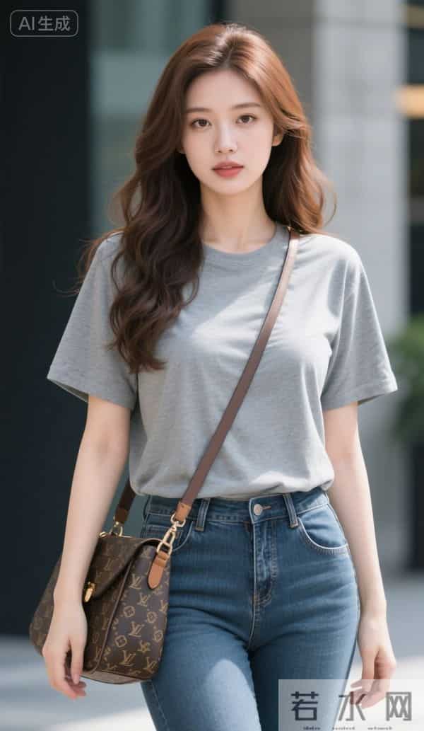 穿灰色T恤衫与牛仔裤的美女