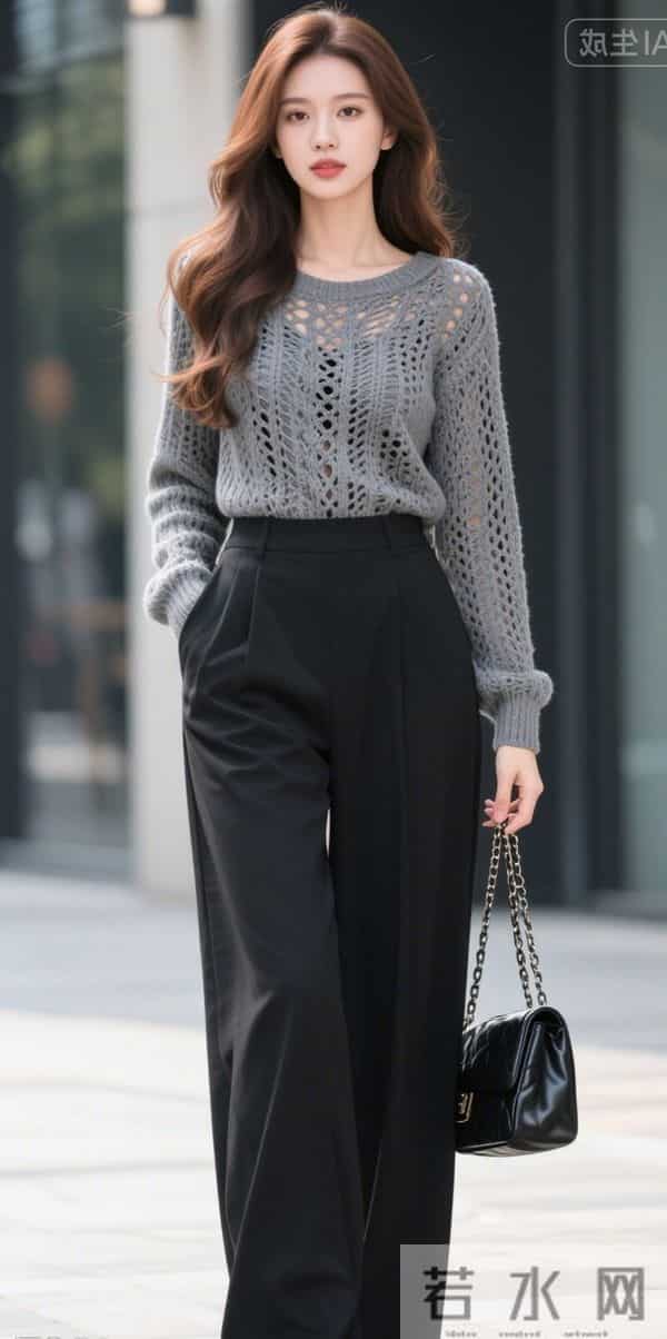 穿灰色镂空毛衣的美女