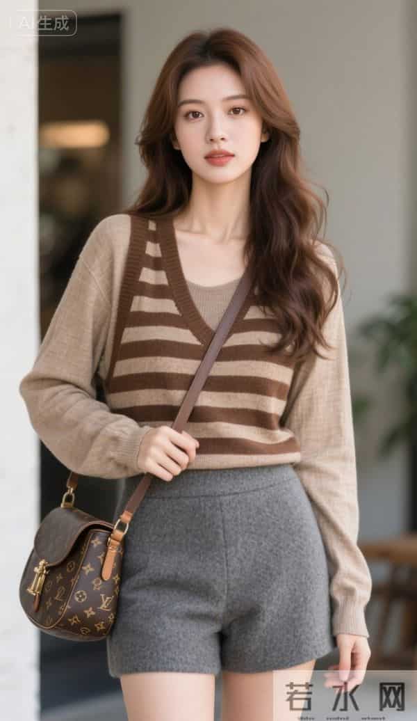 穿条纹马甲与灰色短裤的美女