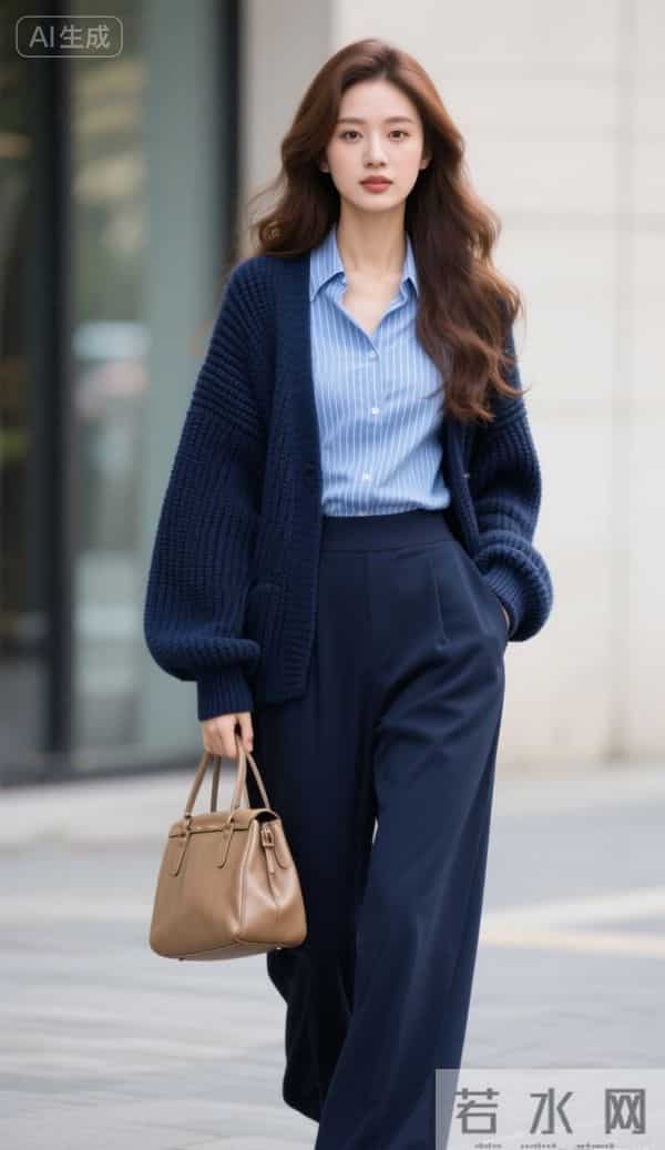 穿深蓝色毛衣的美女