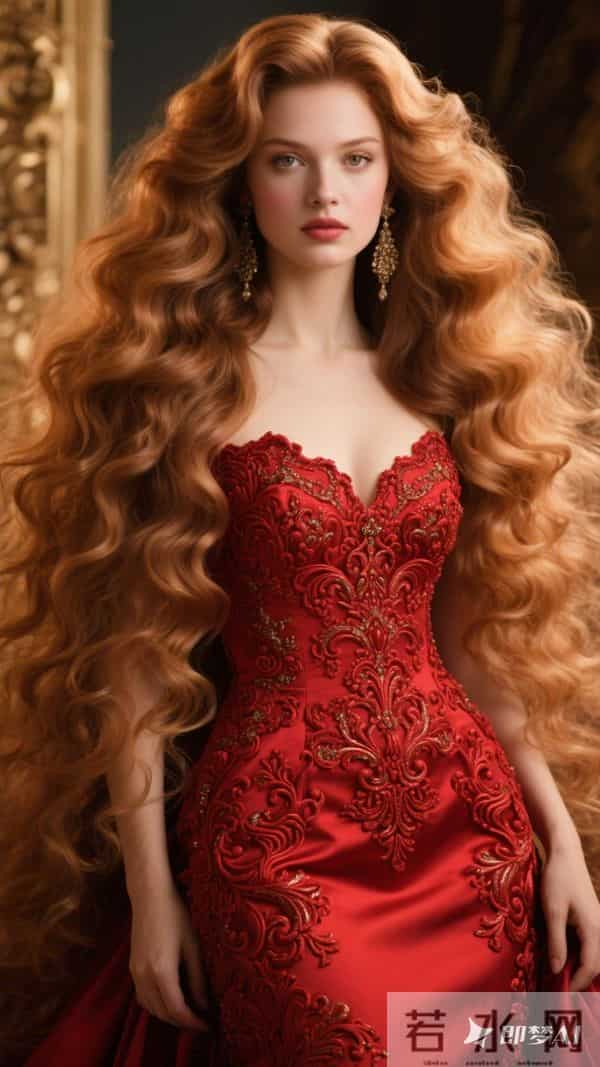 超大，金棕色卷长发，重工红色礼服，，洛可可卷纹浮雕