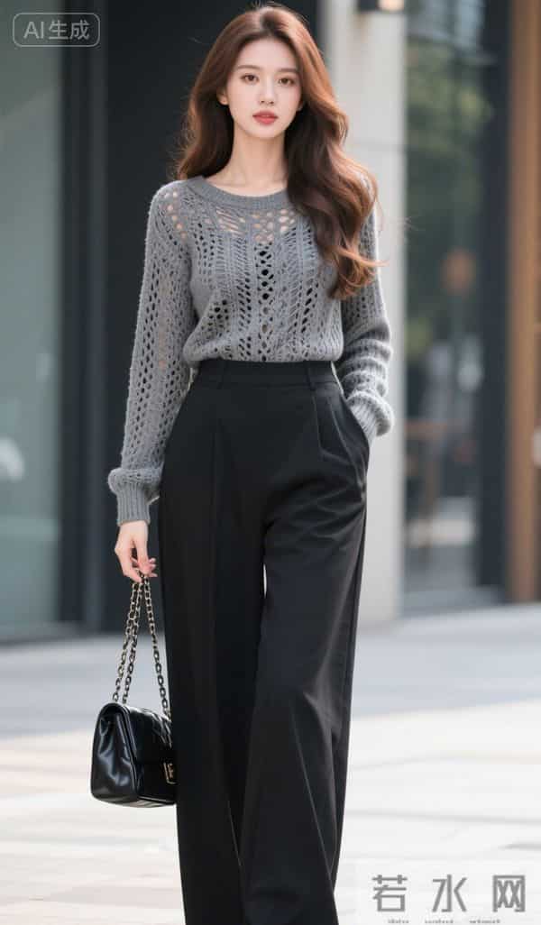穿灰色镂空毛衣的美女