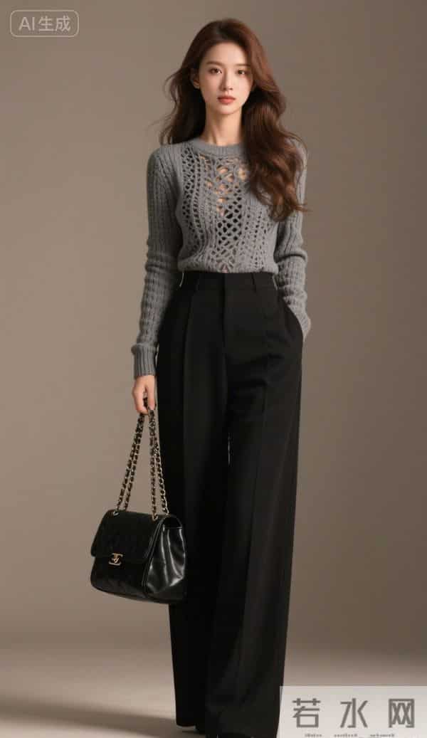 穿灰色镂空毛衣的美女